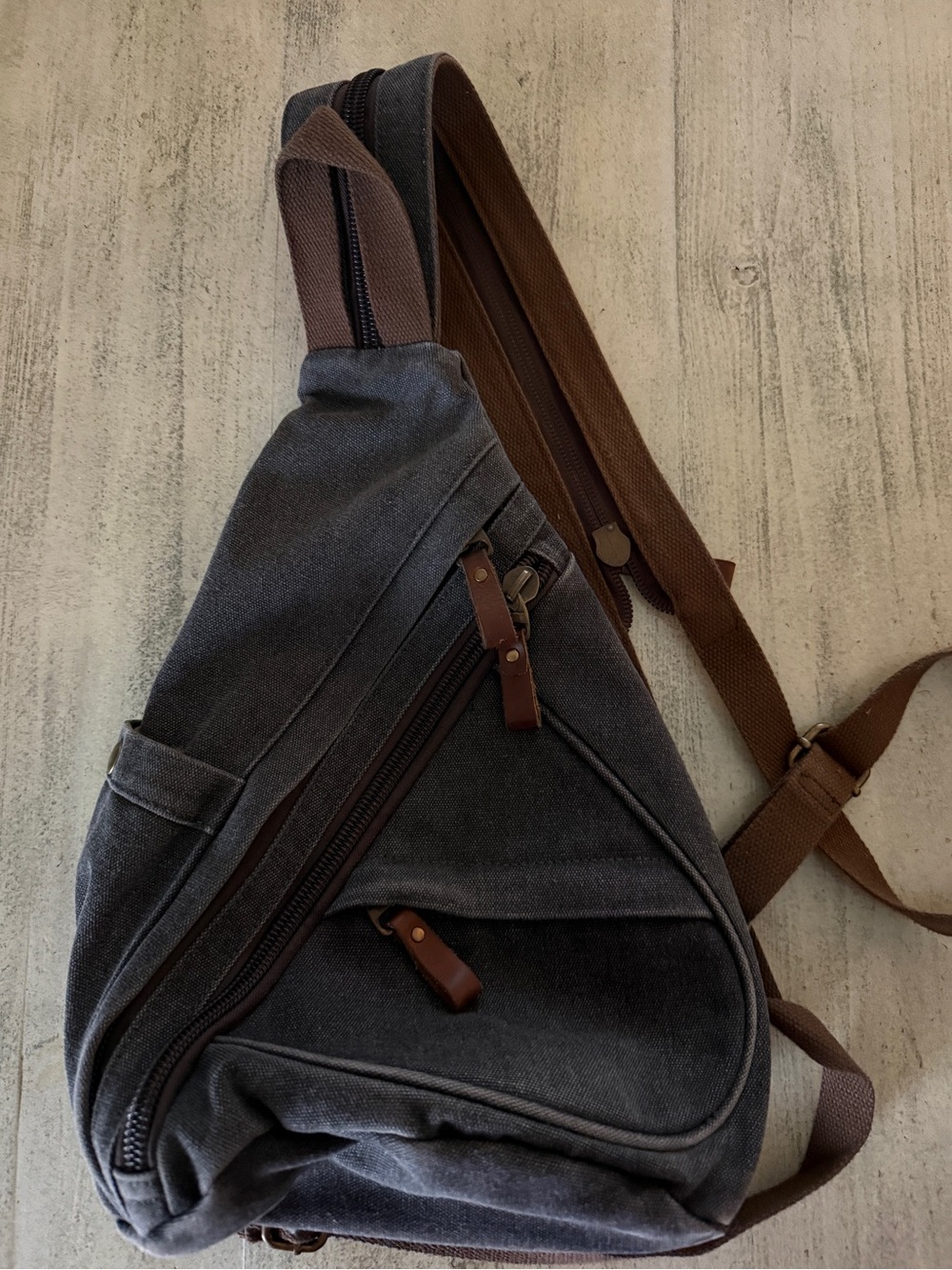 KL928 Gray Canvas Sling Bag with Brown Leather Accents